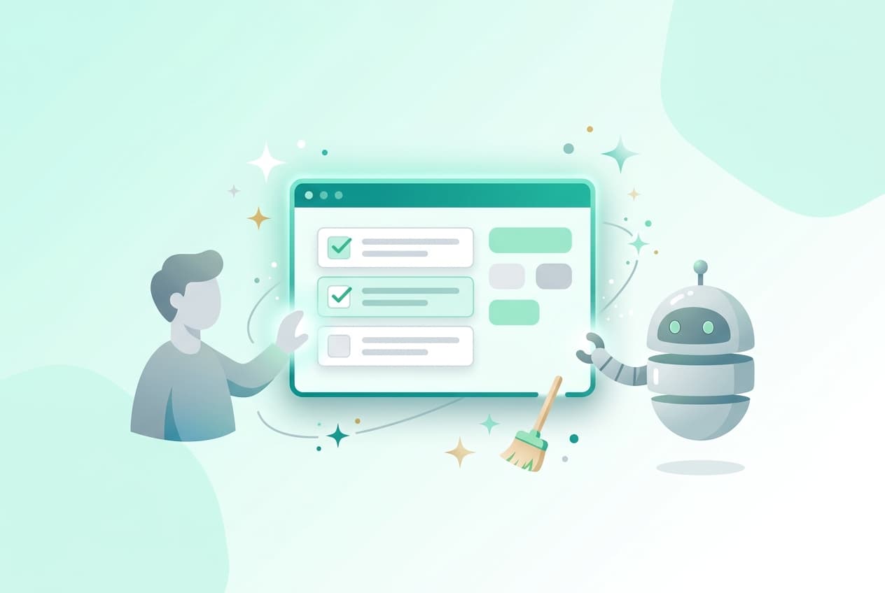 A person and a friendly AI agent both reading the same clean, checklist-marked website